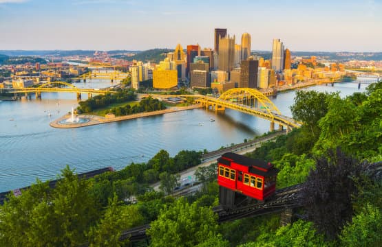 Downtown Pittsburgh skyline with the Duquesne Incline