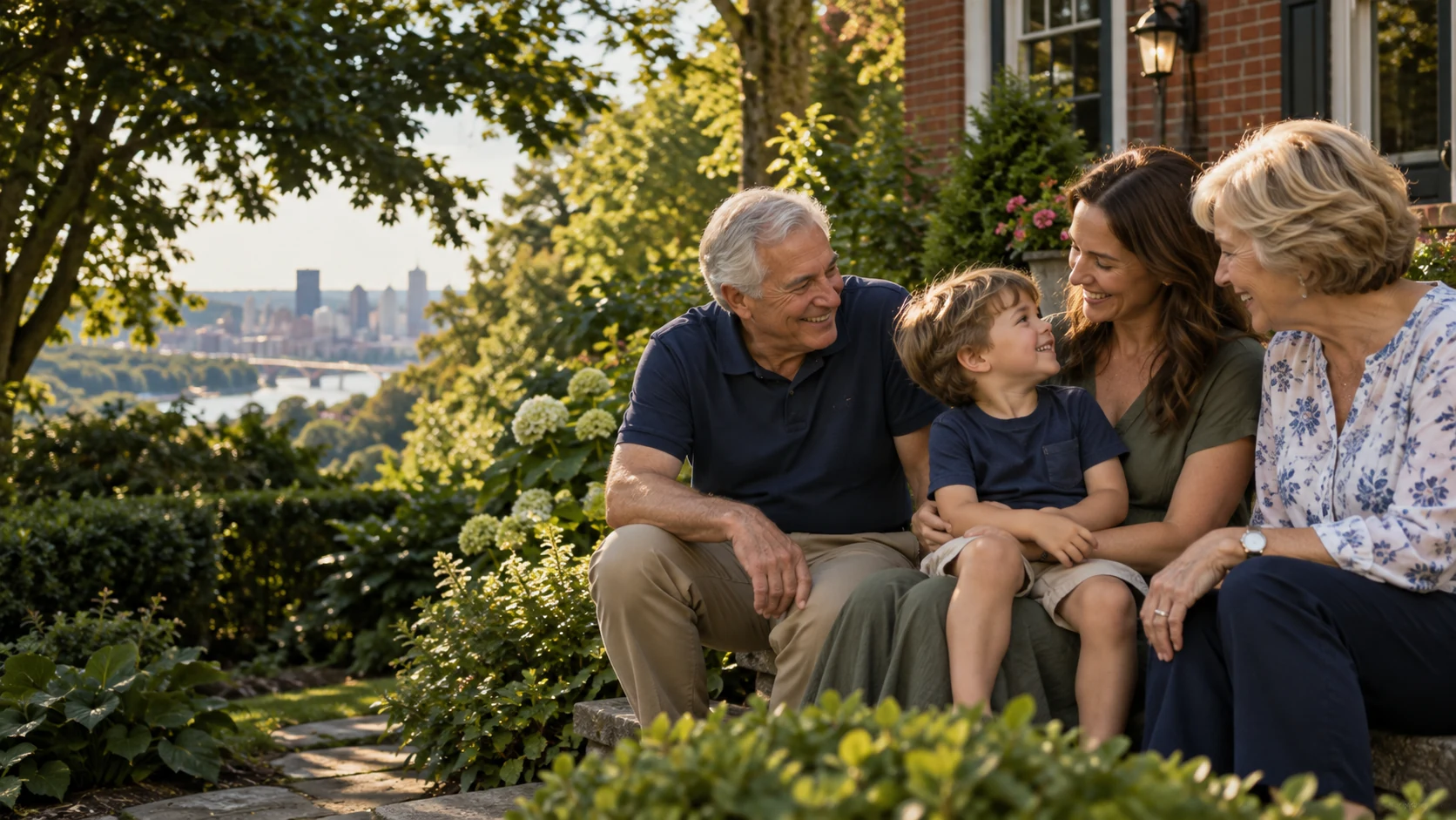 A family enjoying time together in a Pittsburgh garden