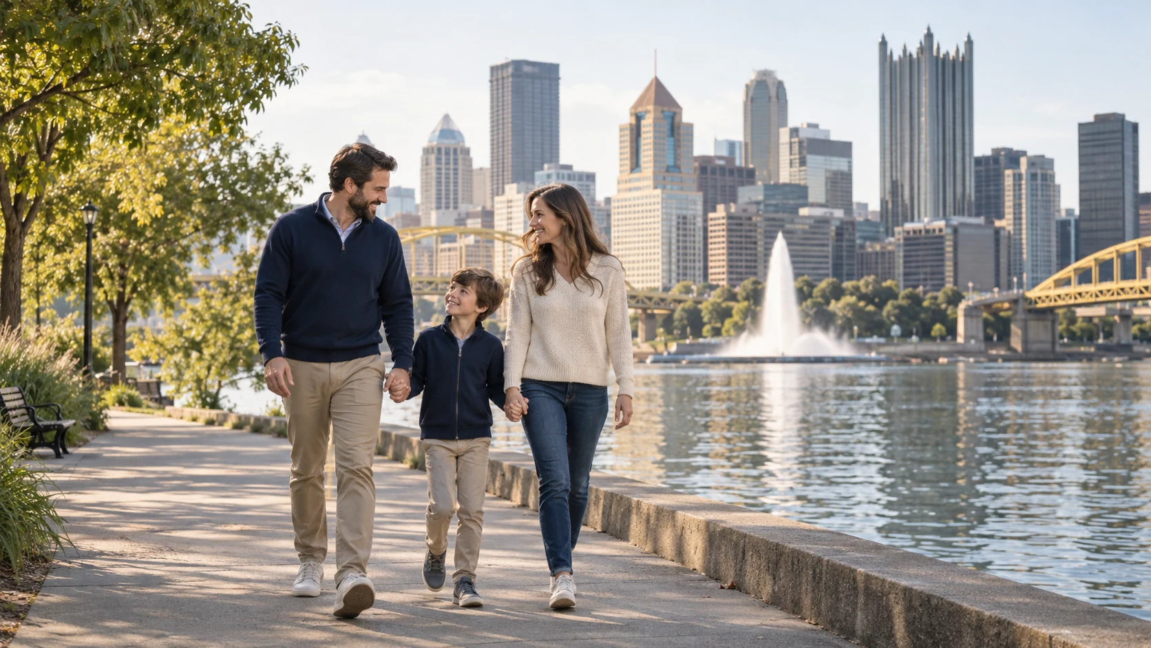 Illustrative family walk along Pittsburgh’s riverside with the skyline beyond